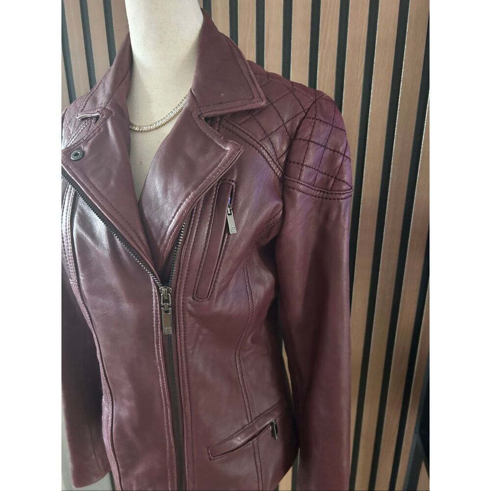Anne Klein Women's Genuine Real Leather Soft Burgundy Jacket Moto Biker Jacket S - Picture 2 of 9